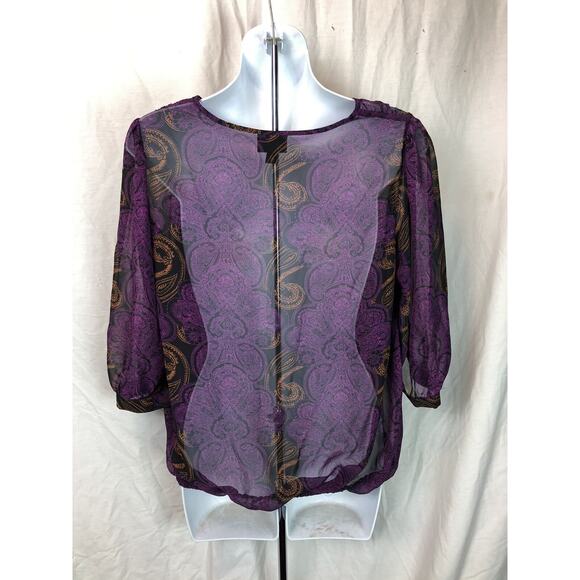 Vtg Chiffon Top M Purple/blk Geo 3/4 Balloon sleeves Boho Whimsigoth Fairy Y2K - Picture 3 of 5